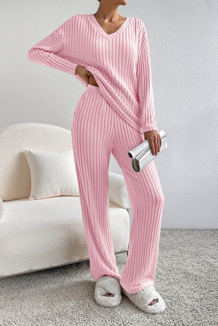 Black Ribbed Knit V Neck Slouchy Two-piece Outfit - Fashion Queen -  4