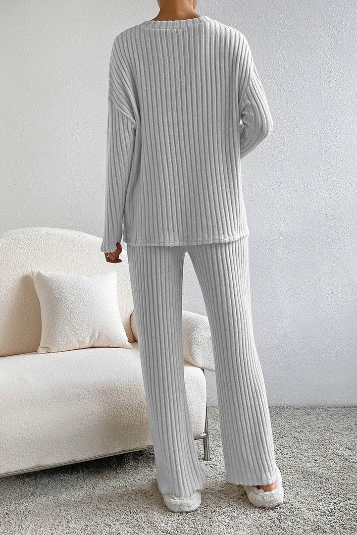 Black Ribbed Knit V Neck Slouchy Two-piece Outfit - Fashion Queen -  8