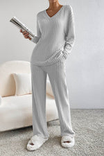 Load image into Gallery viewer, Black Ribbed Knit V Neck Slouchy Two-piece Outfit - Fashion Queen -  9
