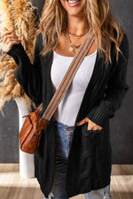 Load image into Gallery viewer, Black Ribbed Trim Eyelet Cable Knit Cardigan - Fashion Queen -  1
