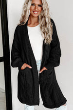 Load image into Gallery viewer, Black Ribbed Trim Eyelet Cable Knit Cardigan - Fashion Queen -  10

