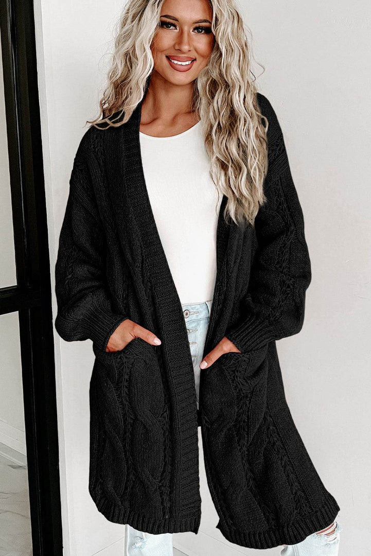 Black Ribbed Trim Eyelet Cable Knit Cardigan - Fashion Queen -  10