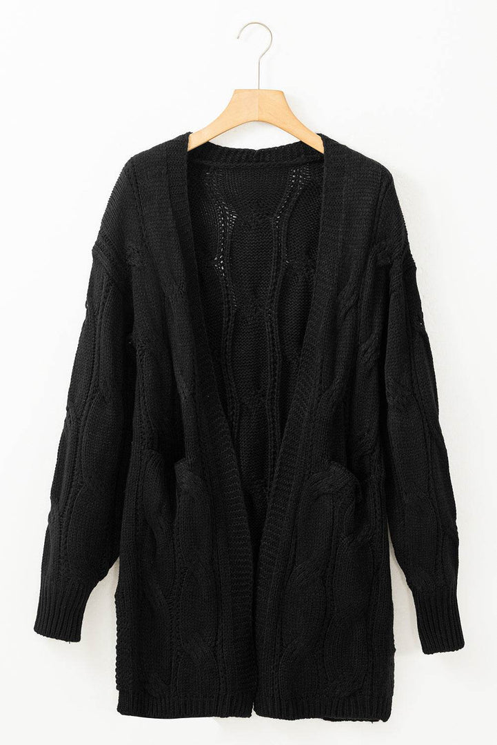 Black Ribbed Trim Eyelet Cable Knit Cardigan - Fashion Queen -  12