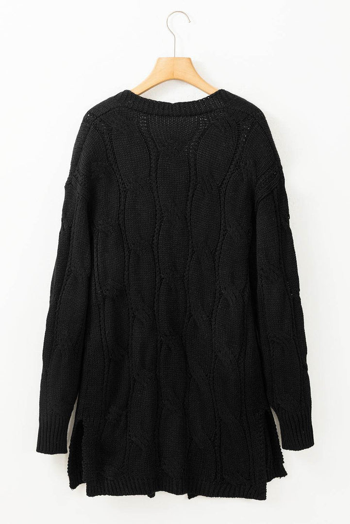 Black Ribbed Trim Eyelet Cable Knit Cardigan - Fashion Queen -  13