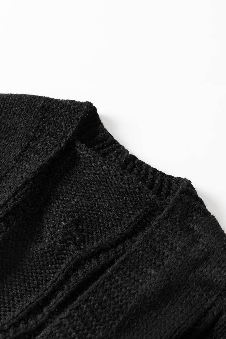 Black Ribbed Trim Eyelet Cable Knit Cardigan - Fashion Queen -  15