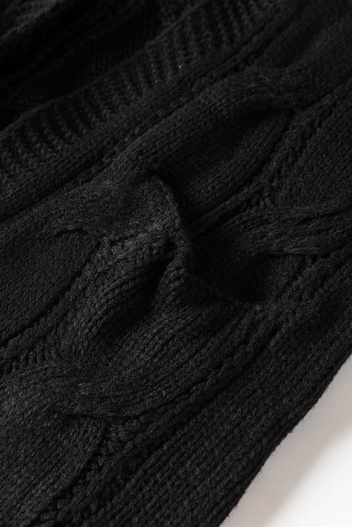 Black Ribbed Trim Eyelet Cable Knit Cardigan - Fashion Queen -  16