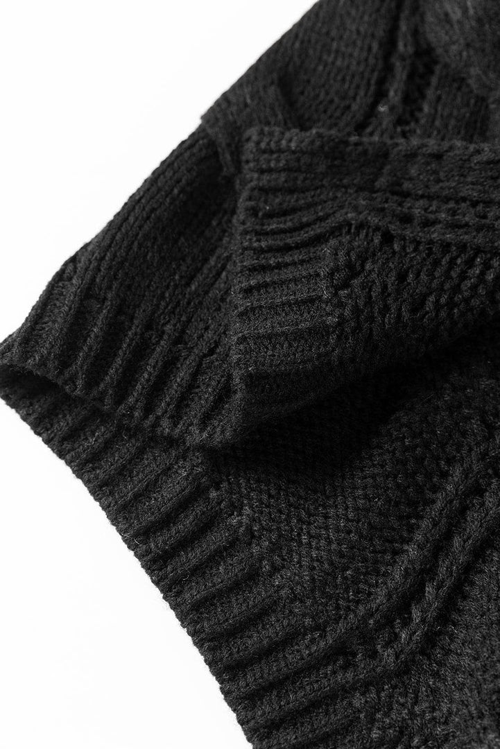 Black Ribbed Trim Eyelet Cable Knit Cardigan - Fashion Queen -  18