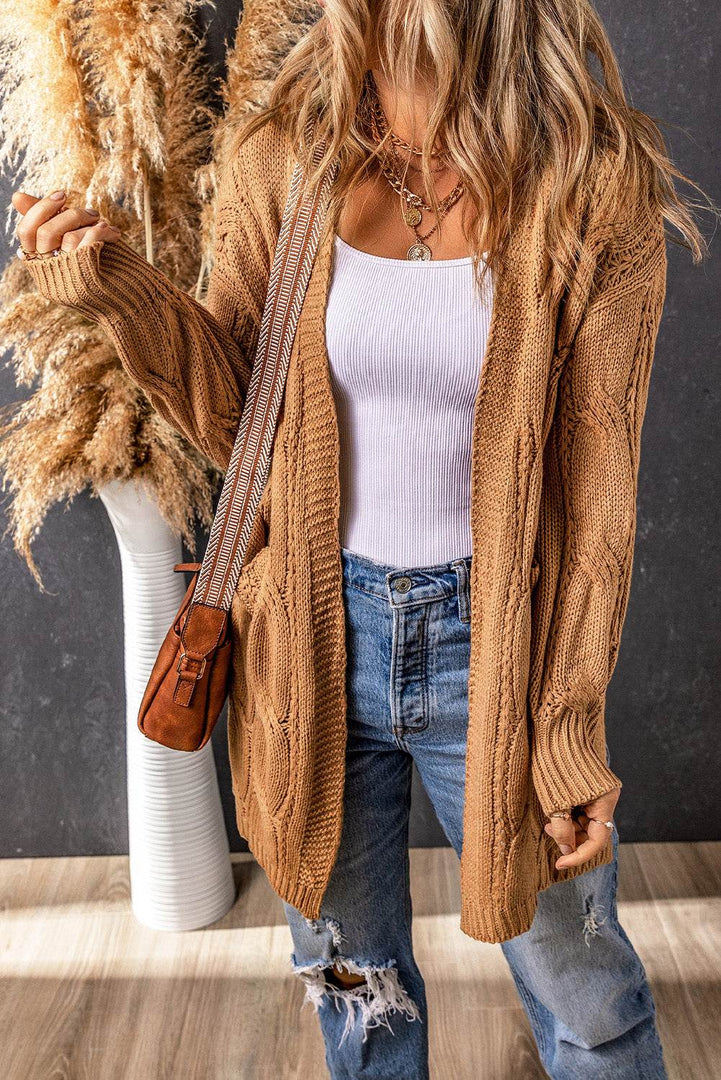 Black Ribbed Trim Eyelet Cable Knit Cardigan - Fashion Queen -  19