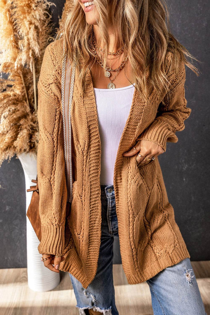 Black Ribbed Trim Eyelet Cable Knit Cardigan - Fashion Queen -  20