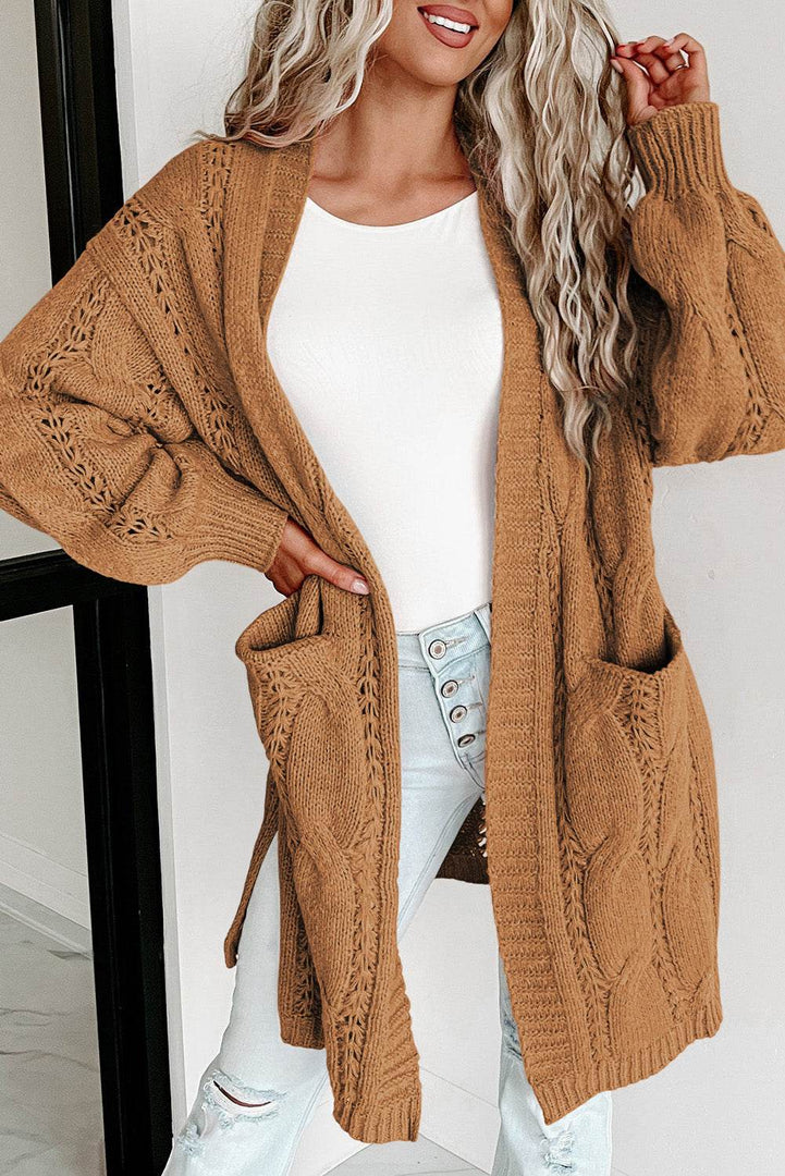 Black Ribbed Trim Eyelet Cable Knit Cardigan - Fashion Queen -  21