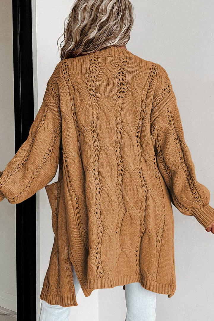 Black Ribbed Trim Eyelet Cable Knit Cardigan - Fashion Queen -  22