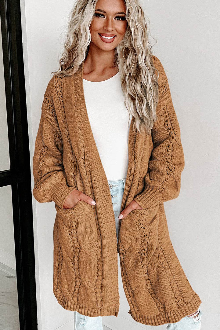 Black Ribbed Trim Eyelet Cable Knit Cardigan - Fashion Queen -  23