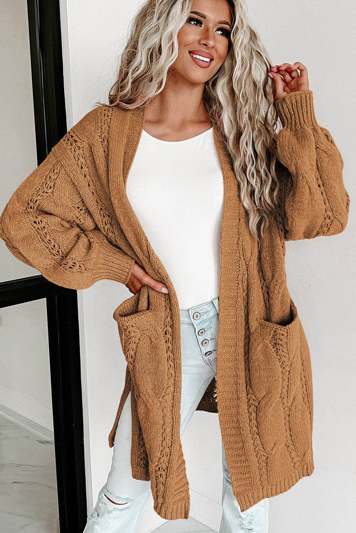 Black Ribbed Trim Eyelet Cable Knit Cardigan - Fashion Queen -  24