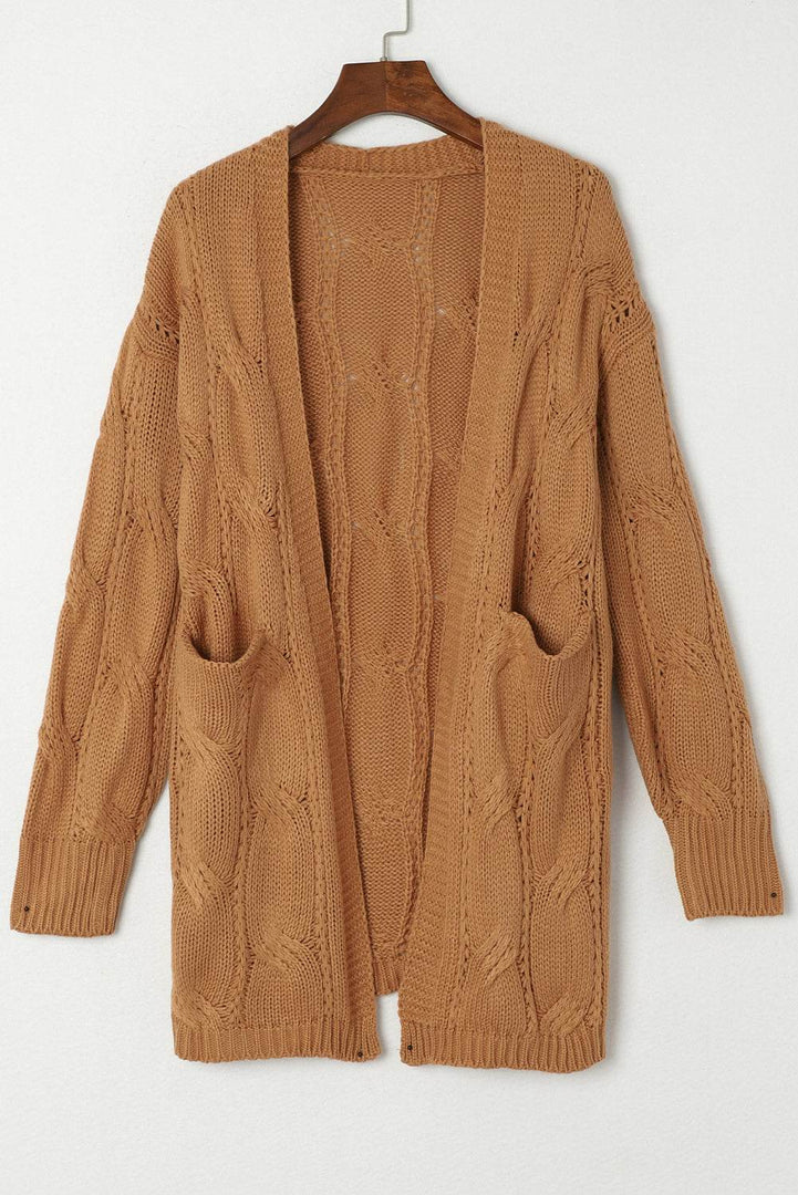 Black Ribbed Trim Eyelet Cable Knit Cardigan - Fashion Queen -  25