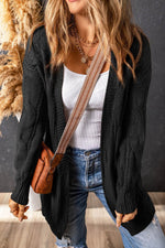 Load image into Gallery viewer, Black Ribbed Trim Eyelet Cable Knit Cardigan - Fashion Queen -  3
