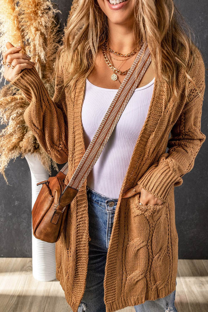 Black Ribbed Trim Eyelet Cable Knit Cardigan - Fashion Queen -  4