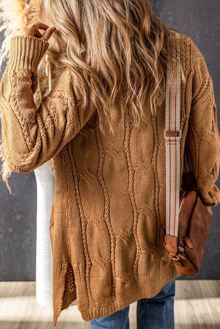 Black Ribbed Trim Eyelet Cable Knit Cardigan - Fashion Queen -  5