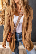 Load image into Gallery viewer, Black Ribbed Trim Eyelet Cable Knit Cardigan - Fashion Queen -  6
