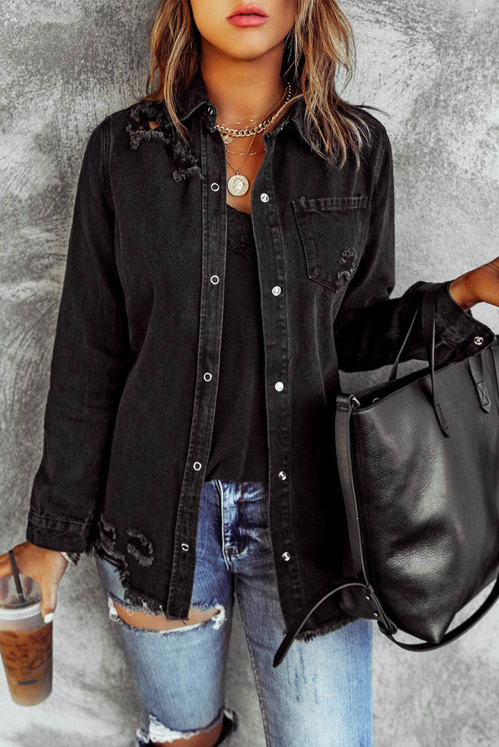 Black Ripped Denim Jacket - Fashion Queen -  1