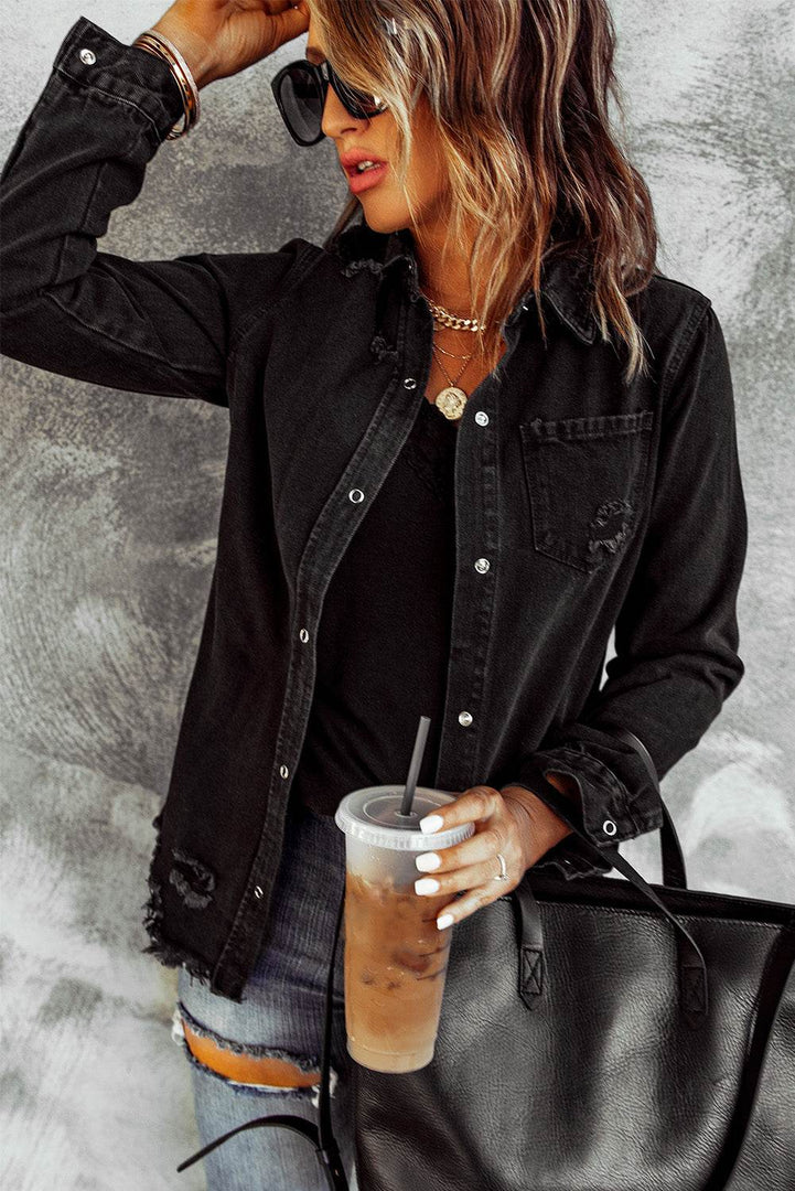 Black Ripped Denim Jacket - Fashion Queen -  4
