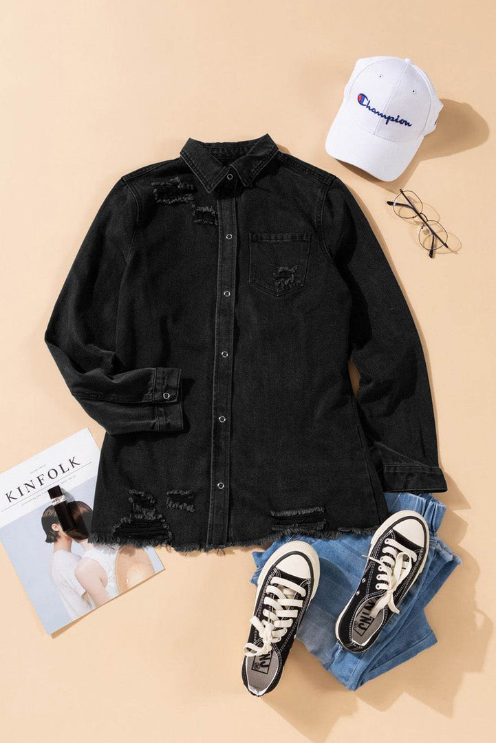 Black Ripped Denim Jacket - Fashion Queen -  5