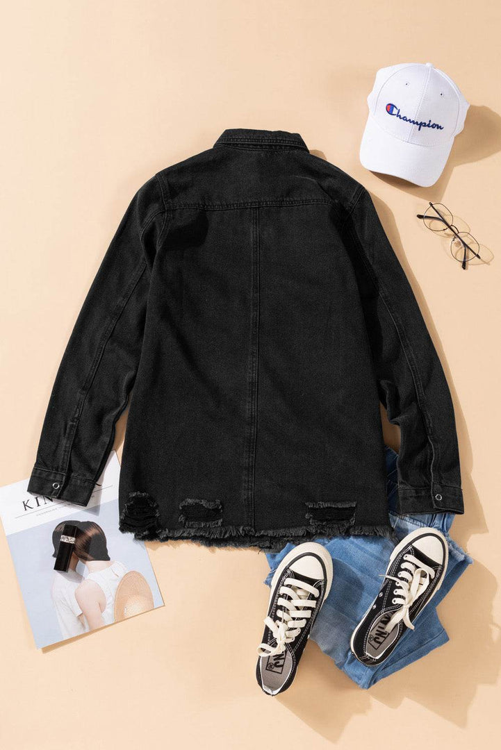 Black Ripped Denim Jacket - Fashion Queen -  6