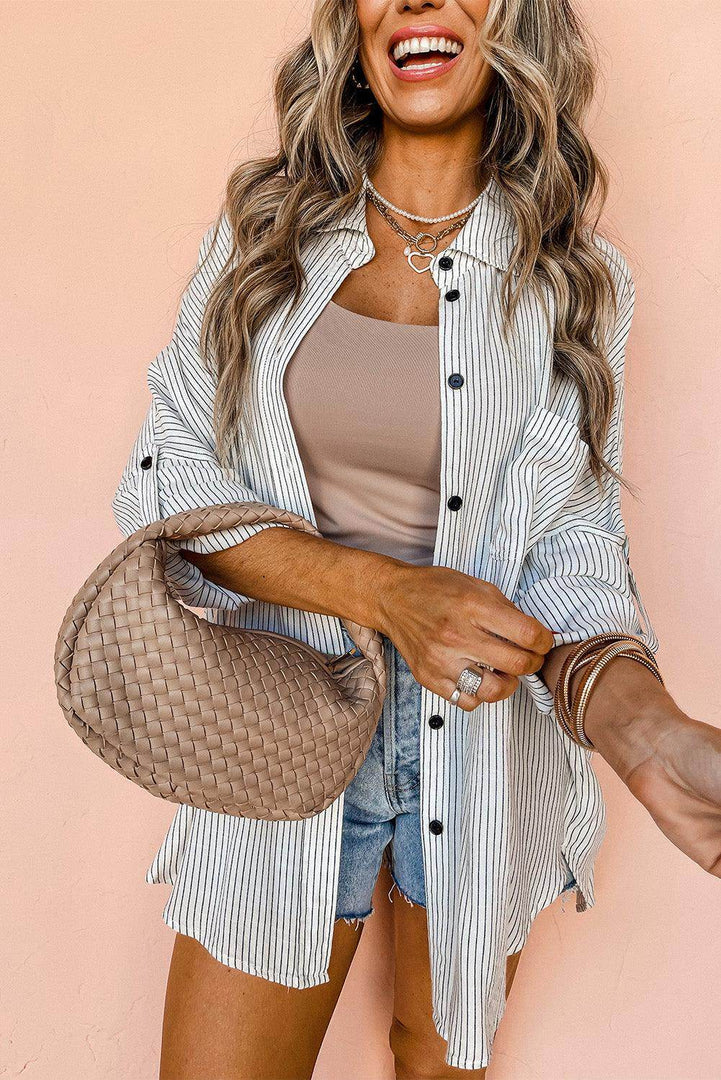 Black Roll-Tab Sleeve Pocketed Long Shirt - Fashion Queen -  13