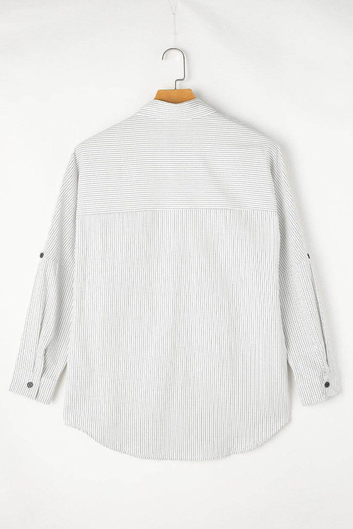 Black Roll-Tab Sleeve Pocketed Long Shirt - Fashion Queen -  19