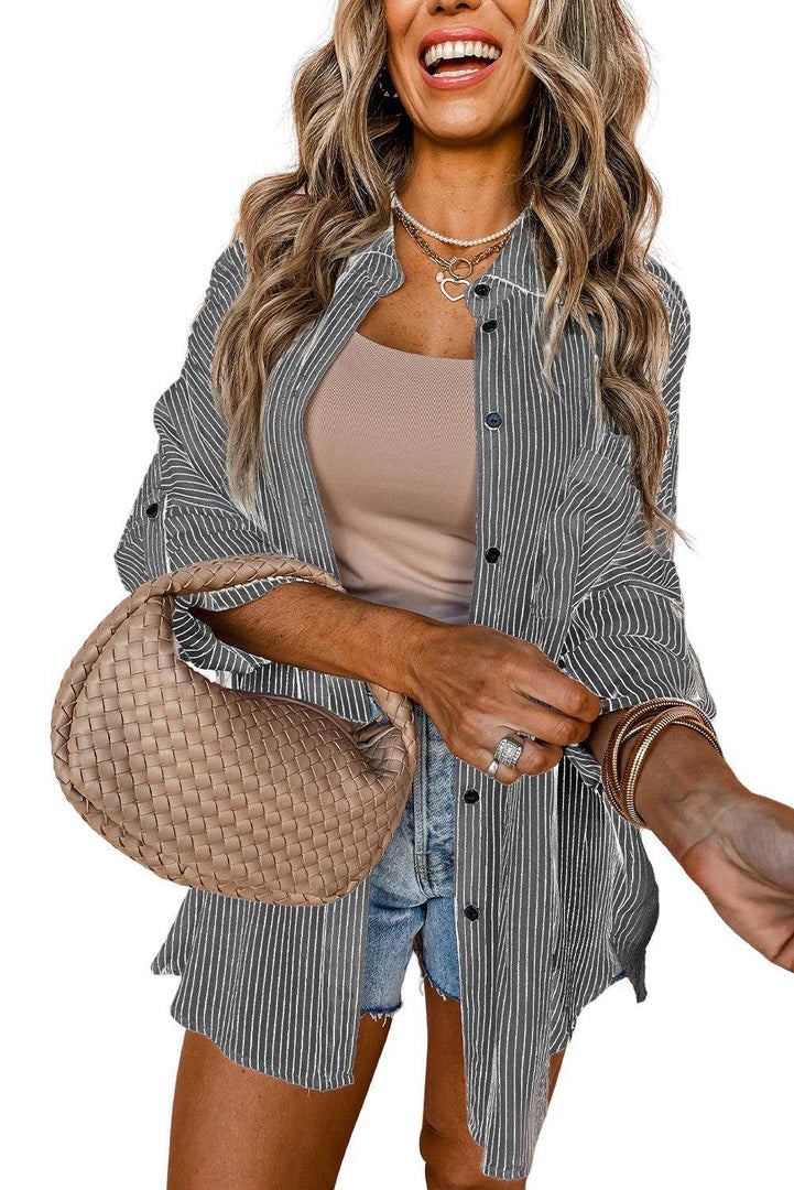 Black Roll-Tab Sleeve Pocketed Long Shirt - Fashion Queen -  3