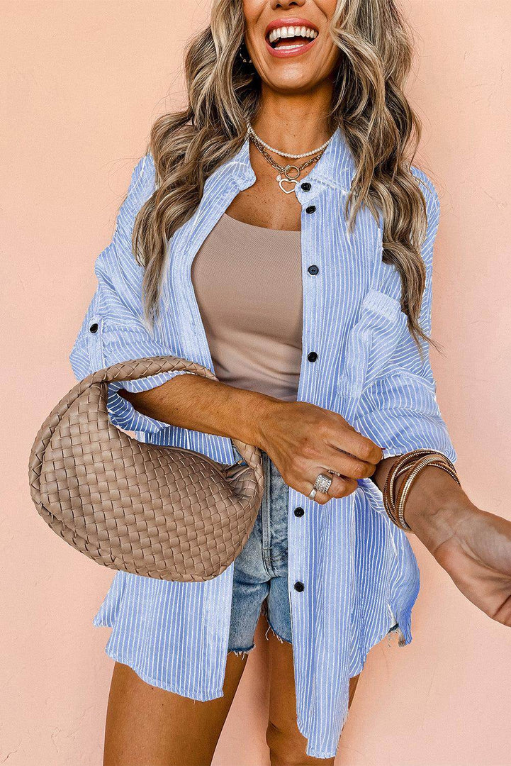 Black Roll-Tab Sleeve Pocketed Long Shirt - Fashion Queen -  7