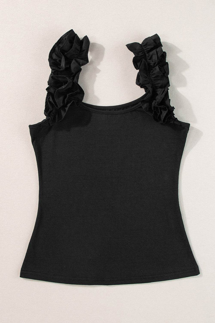 Black Ruffled Wide Straps Slim Tank Top - Fashion Queen -  11