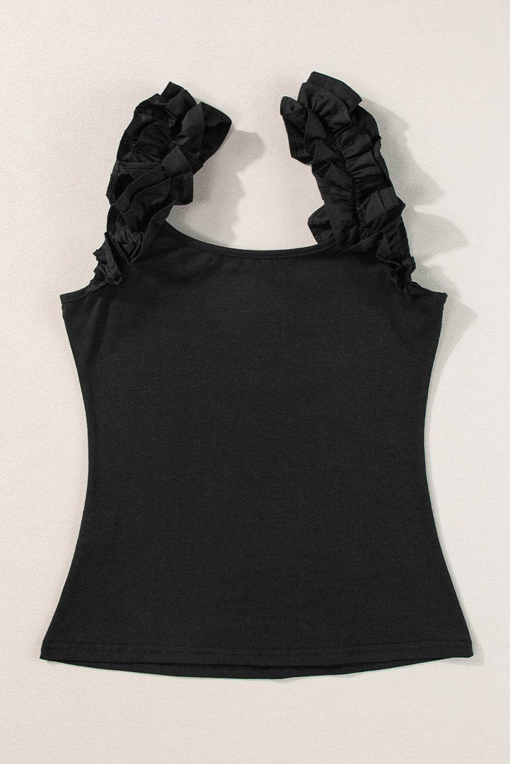 Black Ruffled Wide Straps Slim Tank Top - Fashion Queen -  12