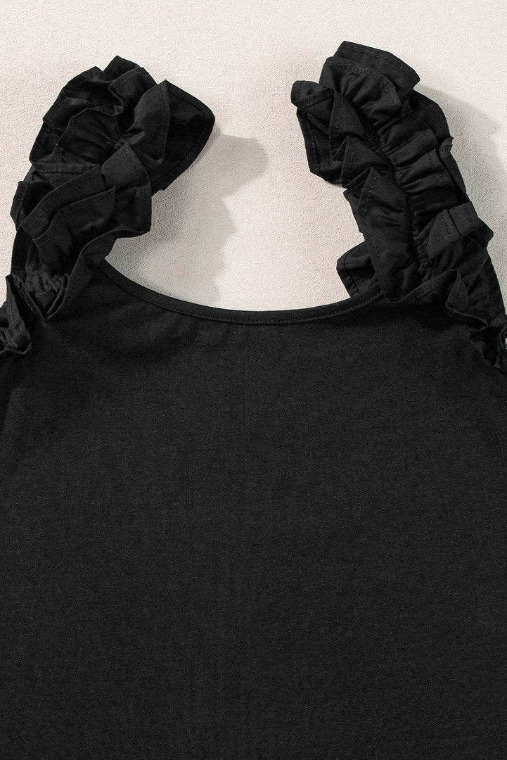 Black Ruffled Wide Straps Slim Tank Top - Fashion Queen -  13
