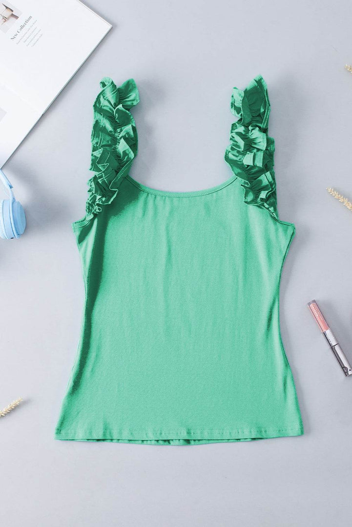 Black Ruffled Wide Straps Slim Tank Top - Fashion Queen -  17