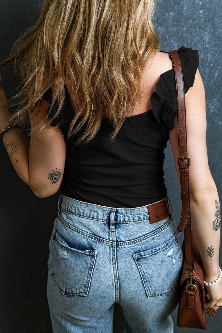 Black Ruffled Wide Straps Slim Tank Top - Fashion Queen -  2