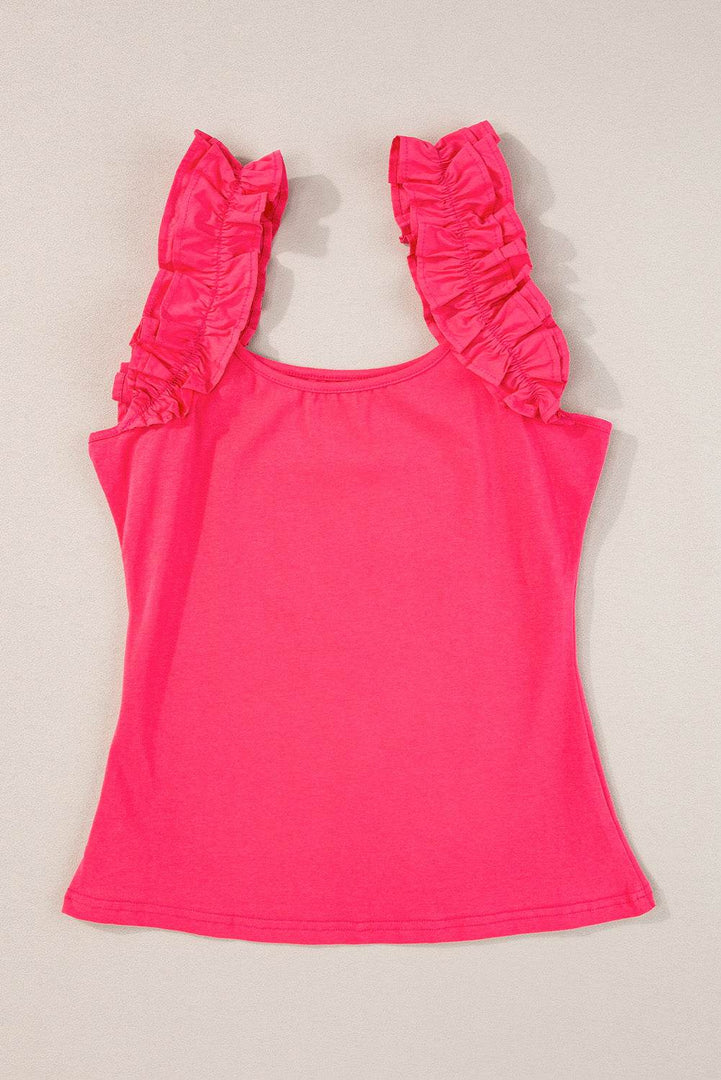 Black Ruffled Wide Straps Slim Tank Top - Fashion Queen -  23
