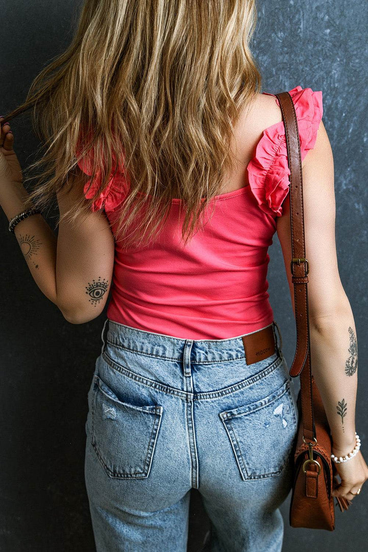 Black Ruffled Wide Straps Slim Tank Top - Fashion Queen -  8