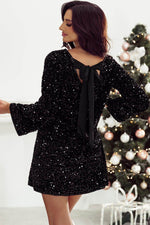 Load image into Gallery viewer, Black Sequin Long Sleeve Knot Cutout Back Mini Dress - Fashion Queen -  2
