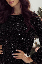Load image into Gallery viewer, Black Sequin Long Sleeve Knot Cutout Back Mini Dress - Fashion Queen -  5
