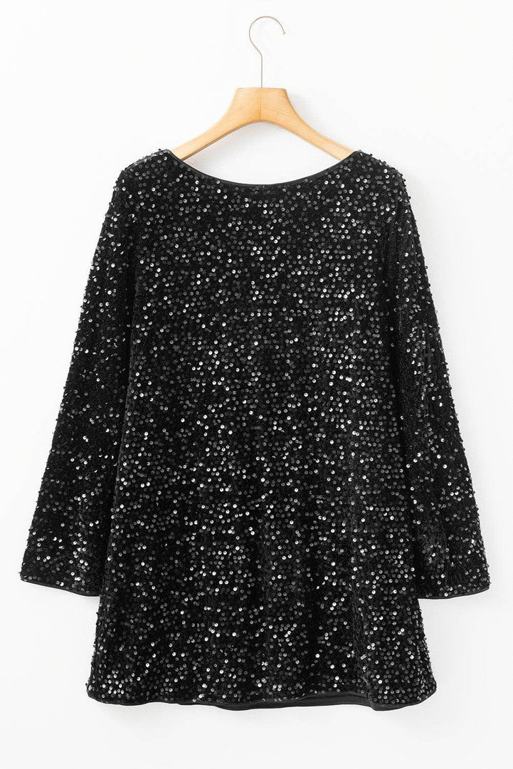Black Sequin Long Sleeve Knot Cutout Back Mini Dress - Fashion Queen -  7