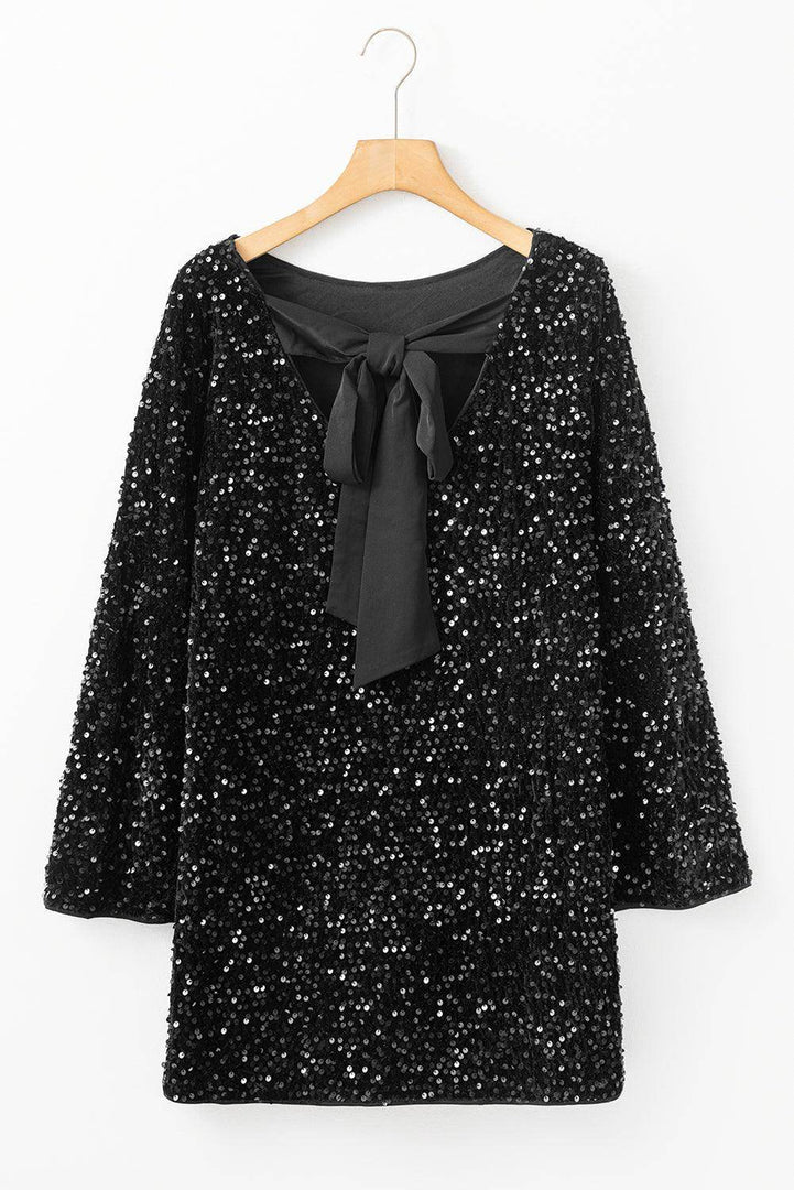 Black Sequin Long Sleeve Knot Cutout Back Mini Dress - Fashion Queen -  8