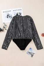 Load image into Gallery viewer, Black Sequin Mesh Long Sleeve Surplice Neck Bodysuit - Fashion Queen -  10
