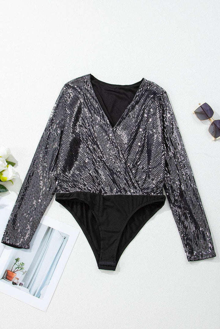 Black Sequin Mesh Long Sleeve Surplice Neck Bodysuit - Fashion Queen -  11