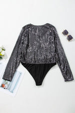 Load image into Gallery viewer, Black Sequin Mesh Long Sleeve Surplice Neck Bodysuit - Fashion Queen -  12
