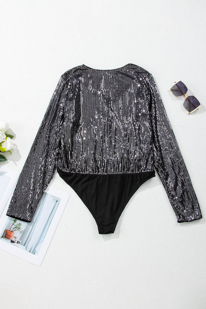 Black Sequin Mesh Long Sleeve Surplice Neck Bodysuit - Fashion Queen -  12