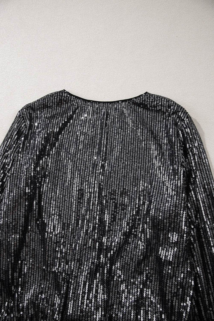 Black Sequin Mesh Long Sleeve Surplice Neck Bodysuit - Fashion Queen -  13