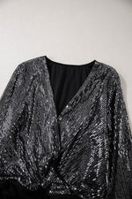 Load image into Gallery viewer, Black Sequin Mesh Long Sleeve Surplice Neck Bodysuit - Fashion Queen -  16
