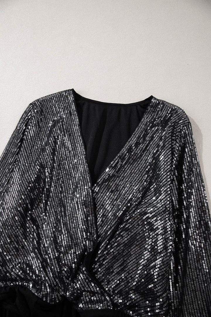 Black Sequin Mesh Long Sleeve Surplice Neck Bodysuit - Fashion Queen -  16