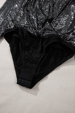 Load image into Gallery viewer, Black Sequin Mesh Long Sleeve Surplice Neck Bodysuit - Fashion Queen -  18
