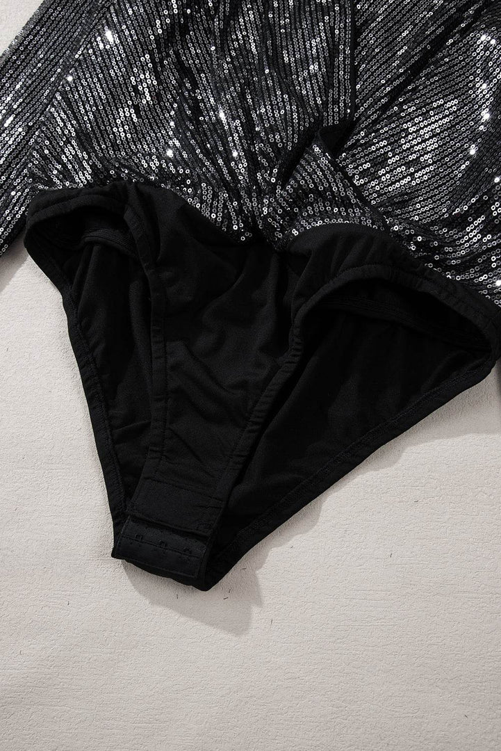 Black Sequin Mesh Long Sleeve Surplice Neck Bodysuit - Fashion Queen -  18